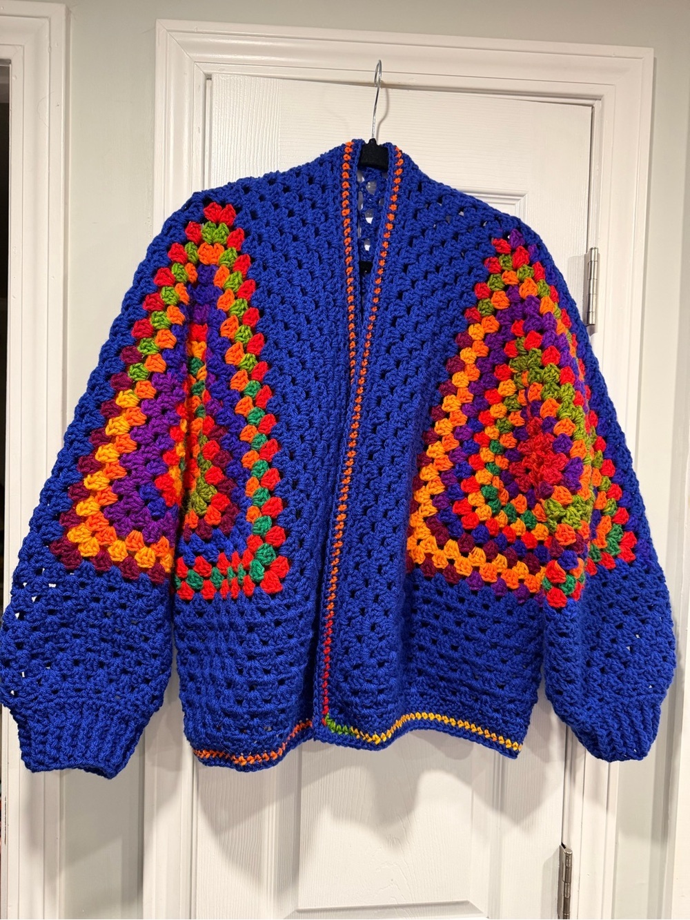 Handmade Crochet Granny Square One Size Cozy Cardigan Boho Chunky Knit Sweater